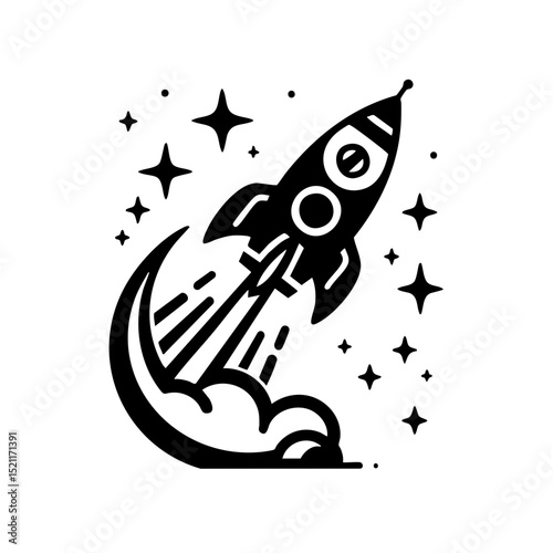 Rocket launching from crescent moon in bold black and white style representing space exploration