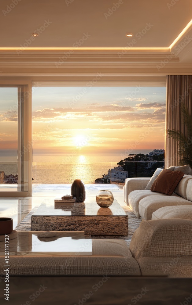 Fototapeta premium Luxury living room with ocean view sunset