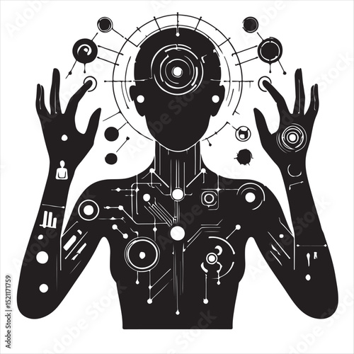 Abstract Humanoid Figure with Technological Circuitry and Data Streams