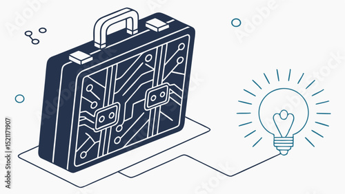 Isometric view of a briefcase with circuit board design next to a glowing light bulb illustration