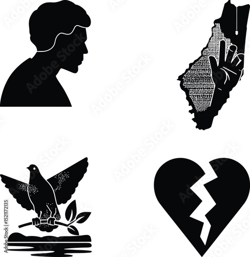 Set of Diverse Silhouettes Representing Human Emotion and Global Issues: Profile, Map with Hand, Dove of Peace, and Broken Heart
