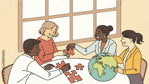 Diverse group assembling puzzle pieces around a globe in a collaborative team effort at a round table