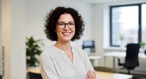 Smiling businesswoman with curly hair and glasses in modern office.