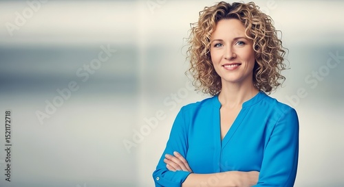 A portrait of a confident woman with curly hair smiles in a corporate setting, conveying approachability and expertise.