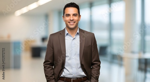 Confident businessman smiling in modern office showcases professionalism, stands out in a blurred backdrop of open workspace, radiating approachability and ambition.