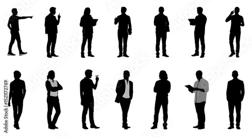 Silhouetted figures of individuals in various poses, from pointing and gesturing to holding devices, conveying the versatility of a silhouette collection, suitable for design or illustrative use.