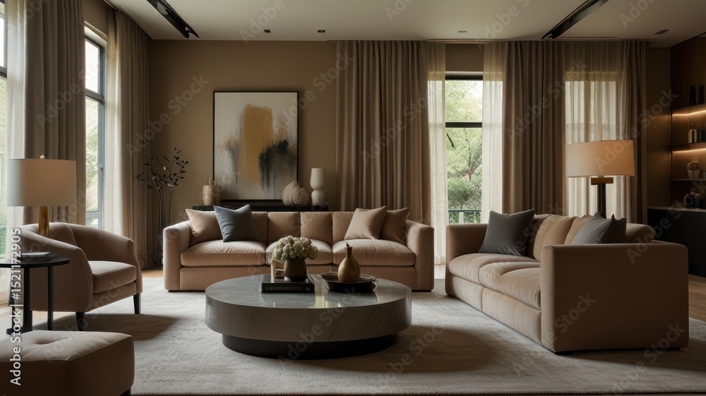 Fototapeta premium Modern living room with warm tones (2)