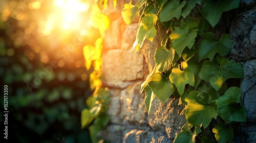 Vines entwine on ancient walls, with soft sunlight filtering through the gaps