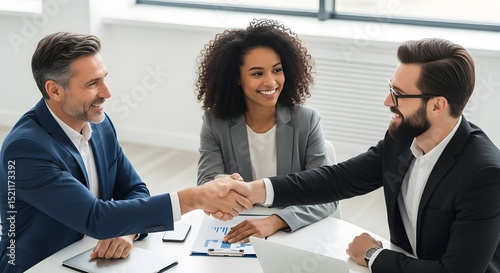 Diverse businesspeople shake hands in agreement during the successful meeting, symbolizing cooperation and partnership.