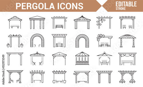 Set of Pergola Icons for Outdoor Garden and Patio Designs