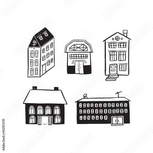 Building illustrations. A selection of five individual vectors hand drawn in black.