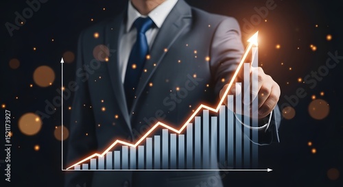 A sharply dressed business person uses the upward trending chart as a metaphor for growth and success, presenting a visual representation of financial and professional achievement.