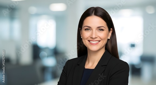 An elegant businesswoman, radiating confidence and professionalism, smiles warmly in a well-lit office setting.