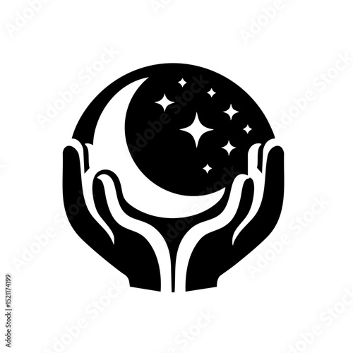 Symbolic black and white illustration of hands holding celestial objects in minimalist style representing protection and the cosmos with copy space
