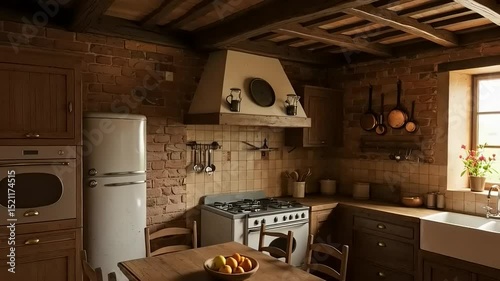 Cozy rustic kitchen with wooden furniture, vintage appliances, and a sunny window view