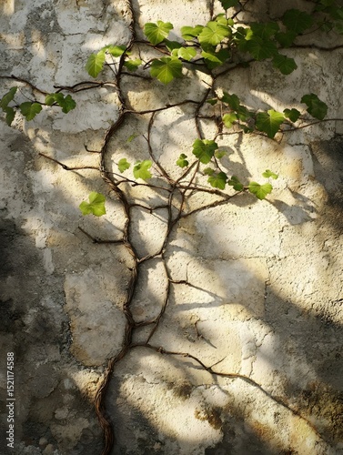 Vines entwine on ancient walls, with soft sunlight filtering through the gaps