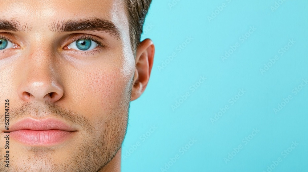Fototapeta premium Half face of handsome man with beautiful blue eyes