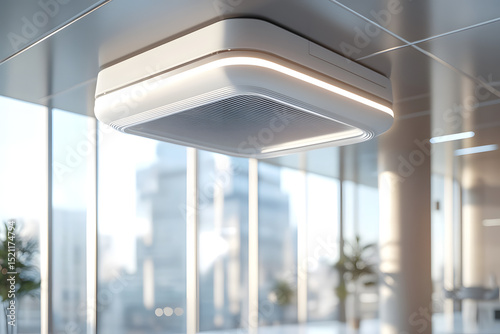 A close-up shot of a modern white ceiling-mounted air conditioning unit, providing efficient cooling and ventilation in an indoor environment with large windows.