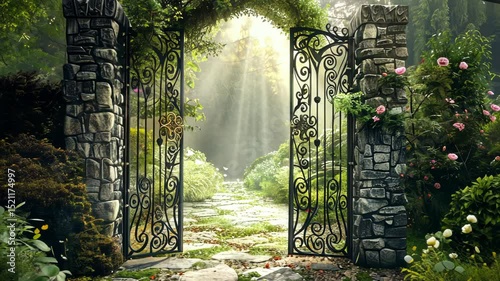 Discover tranquility in a secret garden with a vintage gate and secluded stone path. Private retreats