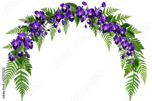 Lush purple orchid and fern arch, vibrant floral arrangement, tropical feel, isolated on white