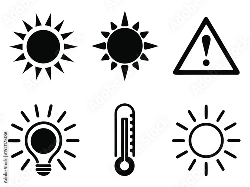 Heat and Sun Icon Set – Flat Vector Symbols for Temperature, Solar, and Warning Concepts