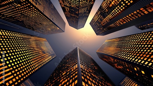 Worms eye view of skyscrapers with illuminated windows at night
