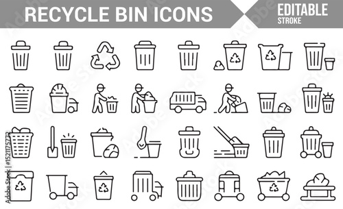 Waste Management Icons Representing Recycling, Disposal, and Cleanup