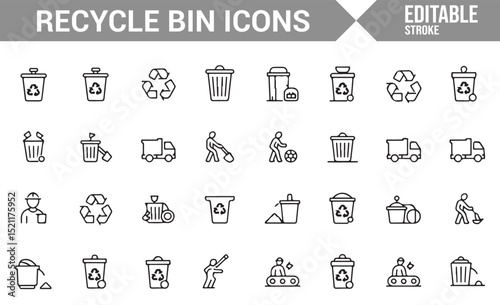 Collection of Trash, Garbage, and Recycling Bin Icons for Sustainable Practices