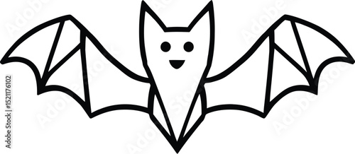 Cute Outline Bat Icon with a Smiling Face and Geometric Wing Details for Halloween or Nature Themes