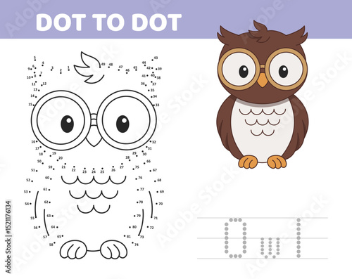 Owl connect the dots activity sheet. Reveal a cute owl by connecting numbered dots. Learning numbers while having fun.