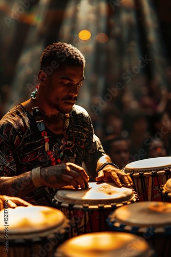 The performer attentively adjusts the drumhead in the concert hall, with soft background lighting and a gentle audience