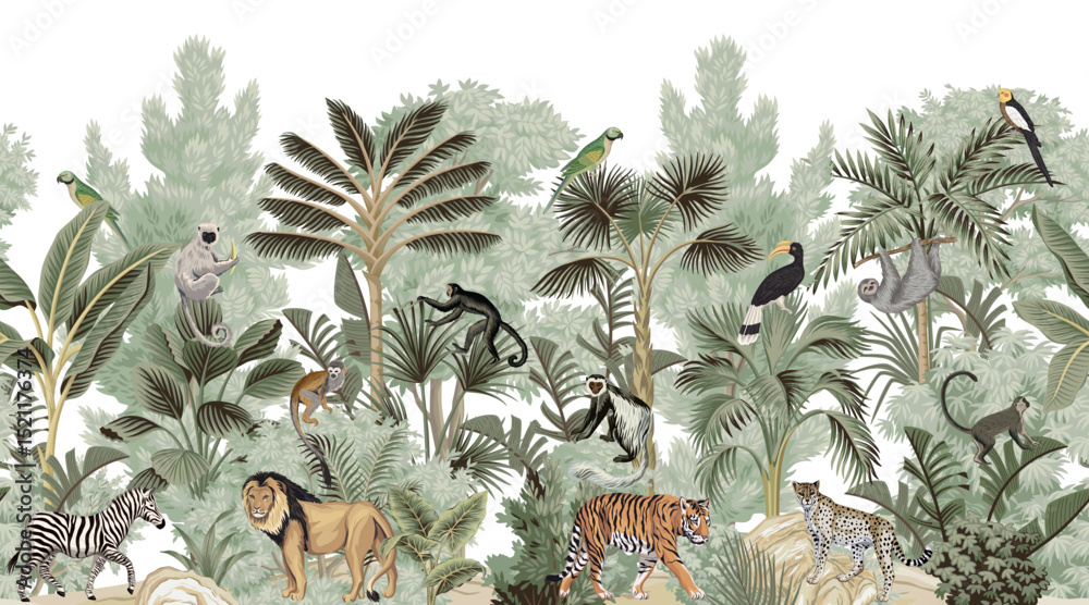 Naklejka premium Tiger, lion, monkey, lemur, zebra, leopard, sloth animal, bird, parrot, tropical palm tree, banana leaves, plant floral seamless border white background. Exotic botanical jungle mural.
