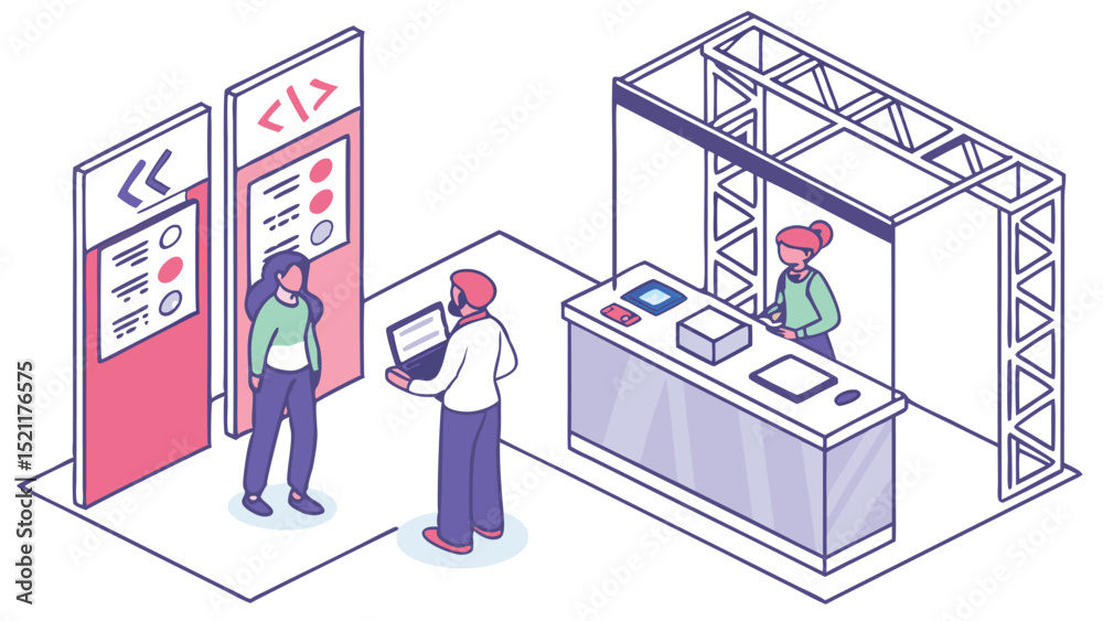 custom made wallpaper toronto digitalIsometric view of people at a trade show booth with displays and a counter with an attendant present