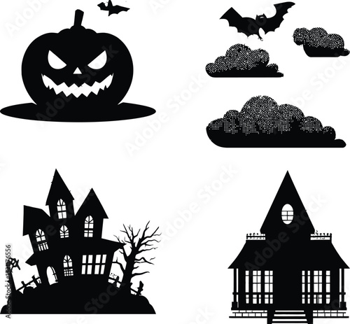 Set of Spooky Halloween Silhouettes: Jack-o'-Lantern, Bats, Haunted House, and Spooky Mansion