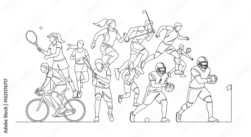 Naklejka premium Various athletes performing different sports activities in line art style 