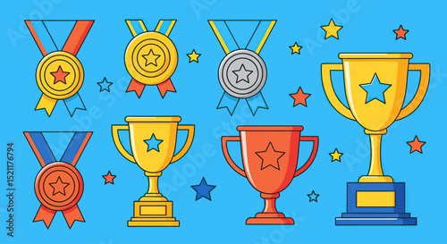 medal and trophy collection on blue background
