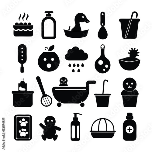 Bath Time and Baby Cleaning Icon Set – Tubs, Soaps, Shower, Bubble, and Bathroom Items in Solid Design
