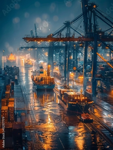 On the dock, cranes are busily loading and unloading cargo