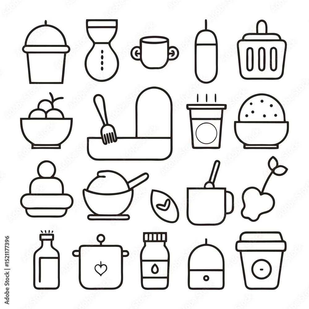 Obraz premium Baby Feeding and Kitchen Items Line Icon Set – Bottles, Spoons, Cups, Bowls, and Baby Mealtime Essentials