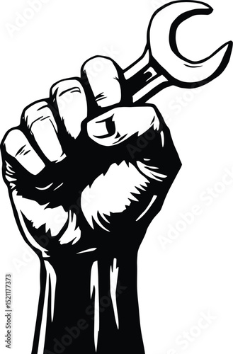 Illustrated Clenched Fist Holding a Wrench Upwards, Symbolizing Labor Strength or Revolution