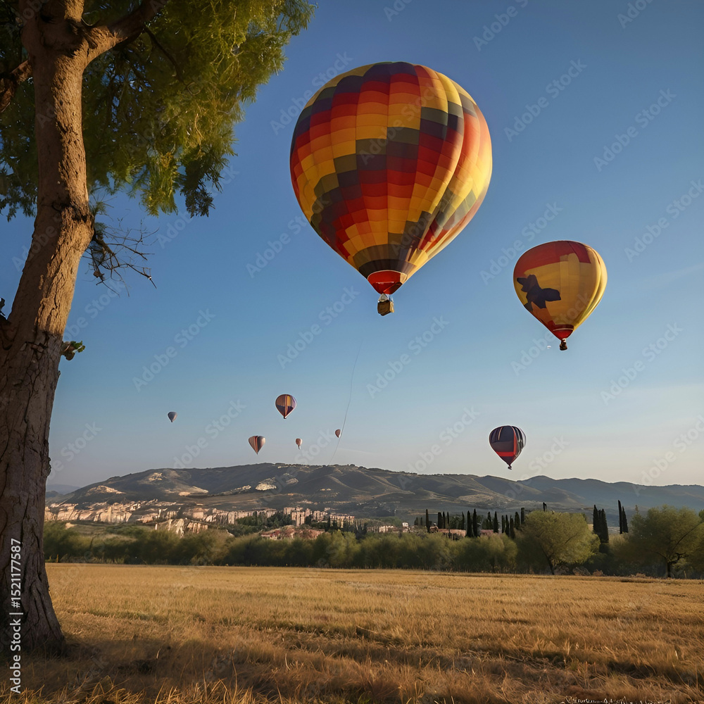 Naklejka premium A hot air balloon is a colorful aircraft that rises using heated air, offering scenic, peaceful rides through the sky.