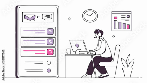 Illustration of a customer service representative working at a desk with a computer and a mobile interface