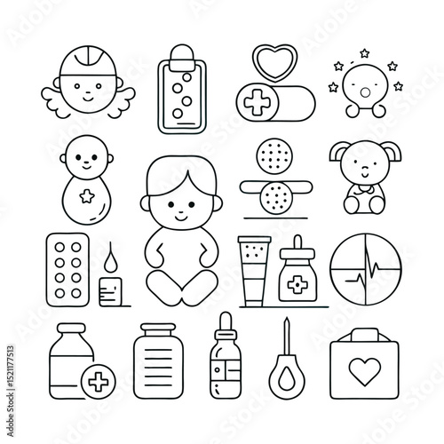 Baby Toys and Playtime Icons – Rattles, Dolls, Teddy Bears, and Play Essentials in Fun Line Vector