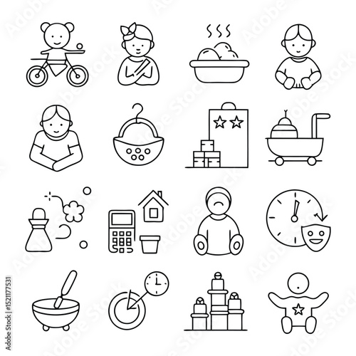 Baby Feeding and Kitchen Icons – Food Preparation, Bottles, Bowls, and Utensils for Babies in Line Style