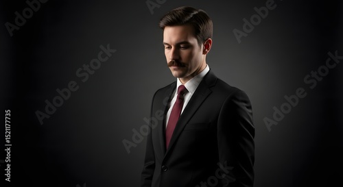 A dignified businessman in a dark suit stands against a modern, dark background. He exudes an air of quiet confidence, ideal for editorial or business projects. 