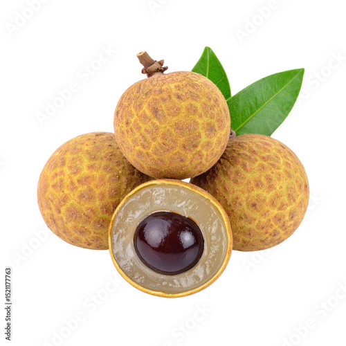 Longan fruit with leaves and seed exposed
