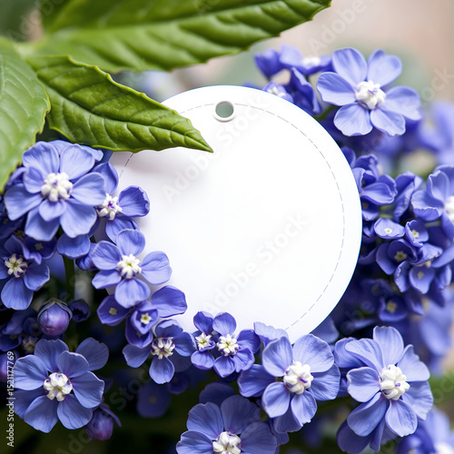 Round label with blue lilacs, forget-me-nots. Round empty paper card filled with colorful small flowers around the perimeter, place for text. Collage.