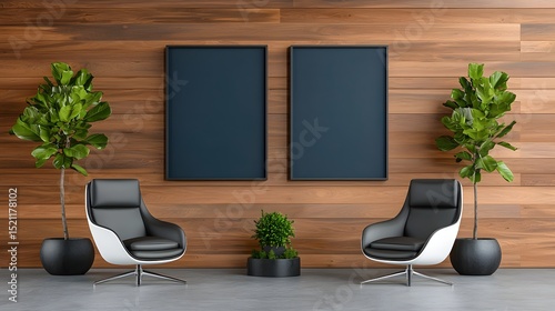 Elegant executive office with framed artwork and wood paneling