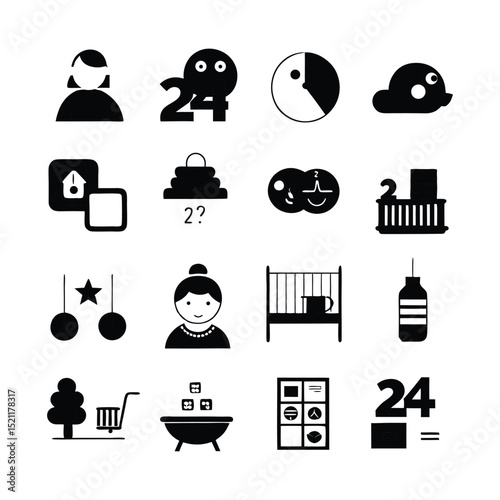 Baby Sleep and Activity Icons – Schedule, Bedtime, Feeding, Crib, Clock, Tracker Symbols – EPS Vector