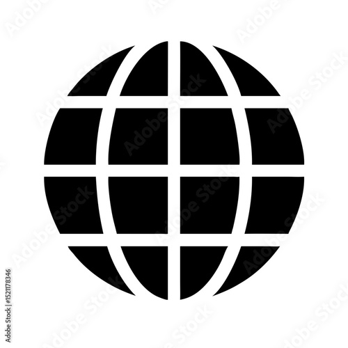 Black vector icon of globe with detailed latitude and longitude lines representing global connectivity international relations and world geography